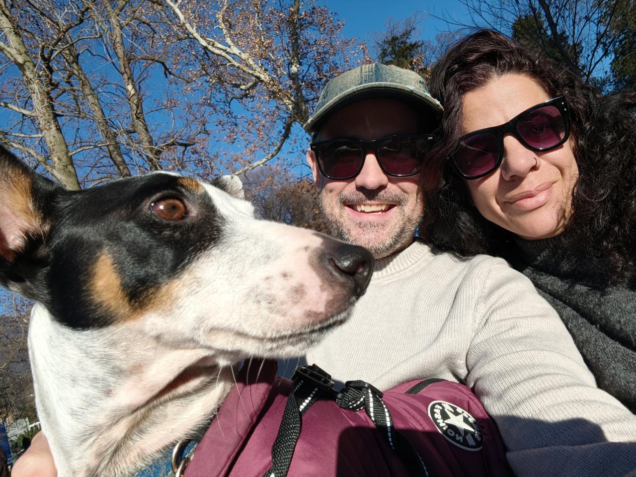 Family selfie with the dog on a sunny day