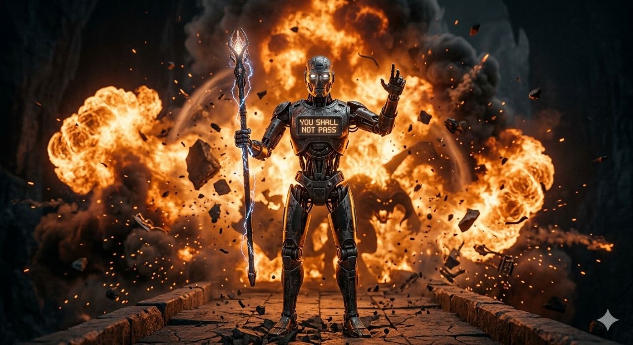 AI robot holding a staff with "You Shall Not Pass" written on its chest — a metaphor for product guardrails